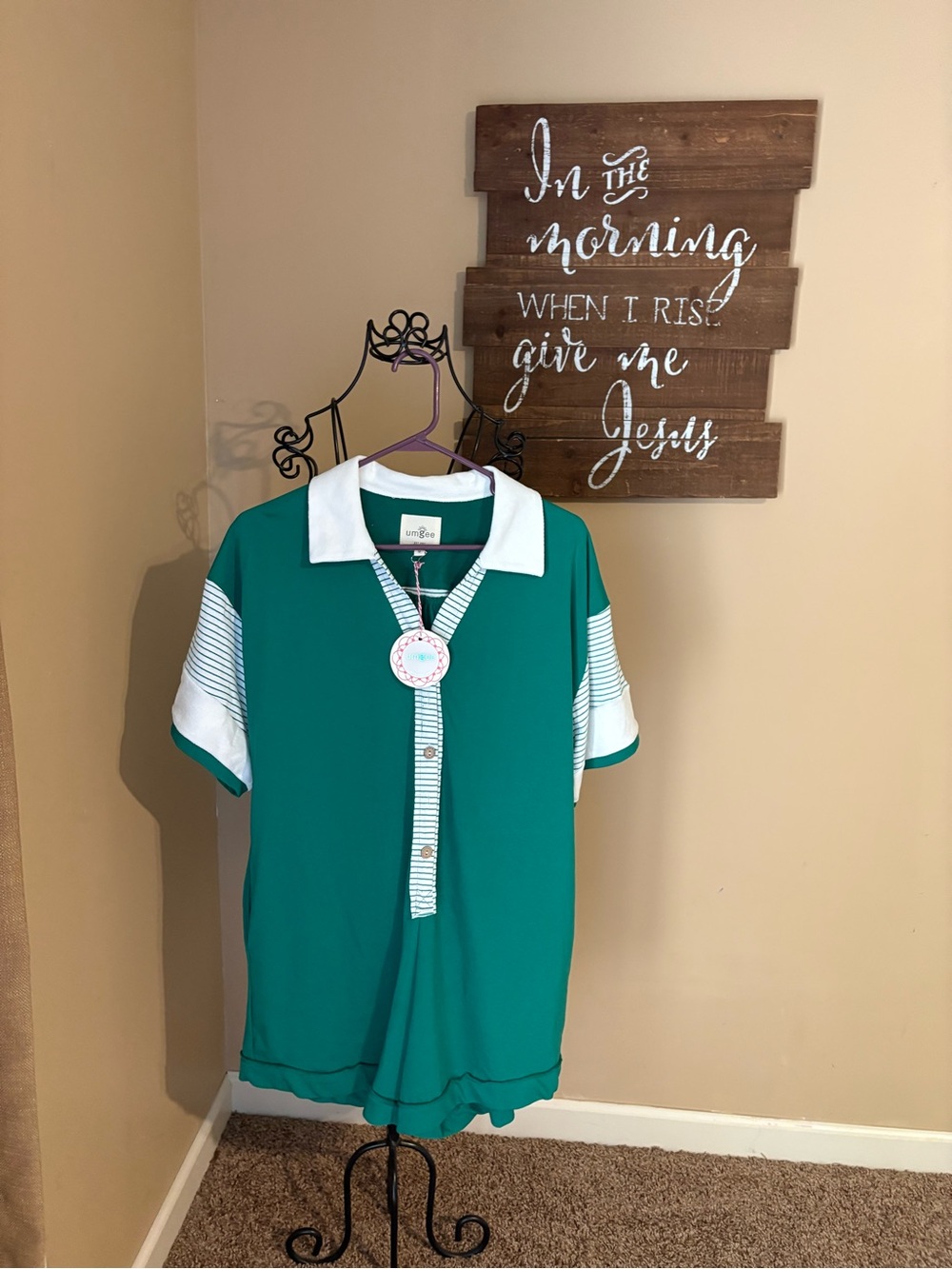Women’s Green Polo Romper with White Trim